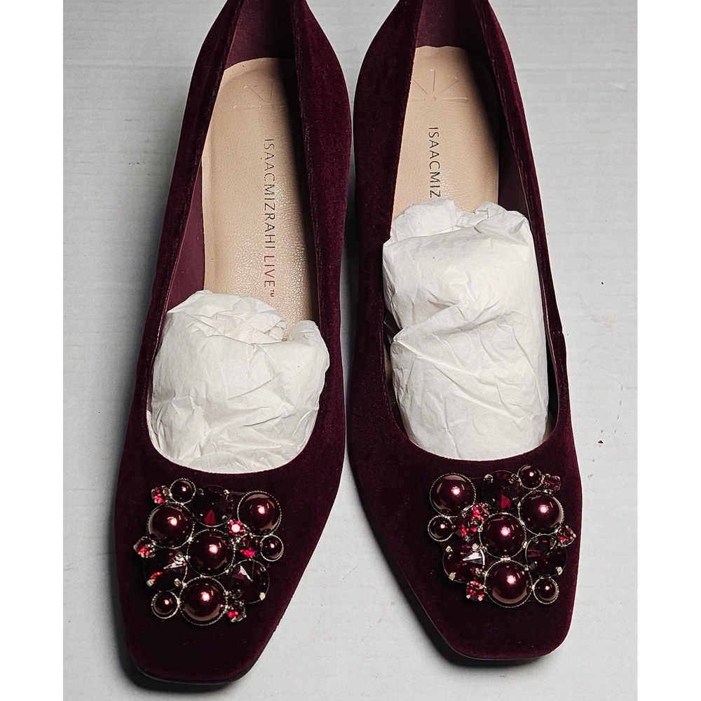 Isaac Mizrahi Live Embellished Velvet Block Heel Pumps Wine Burgundy Womens 7M
